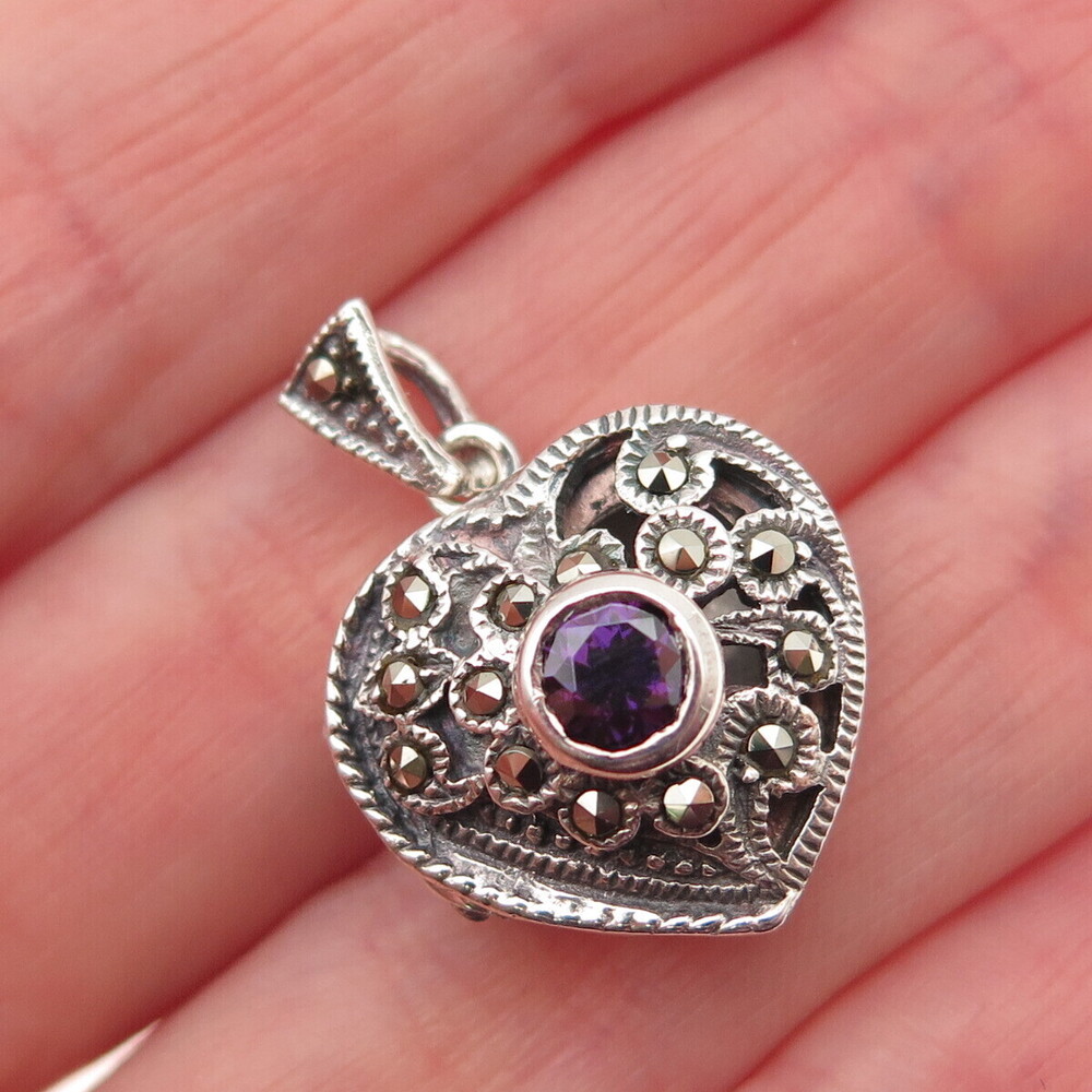 Charles Winston 925 Sterling Vintage Real Marcasite & C Z Heart Locket Pendant
